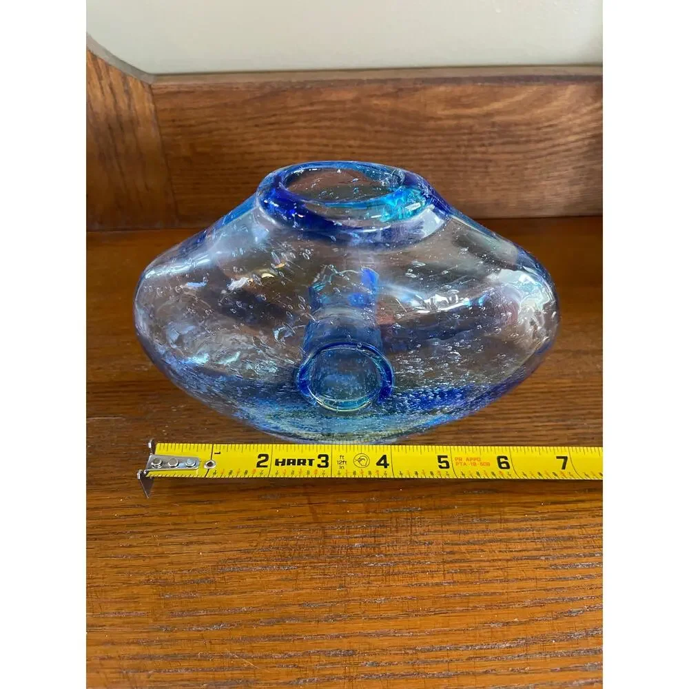 Italian Art Glass Vase with Donut Hole Blue Ribbon Swirls Hand Blown 7